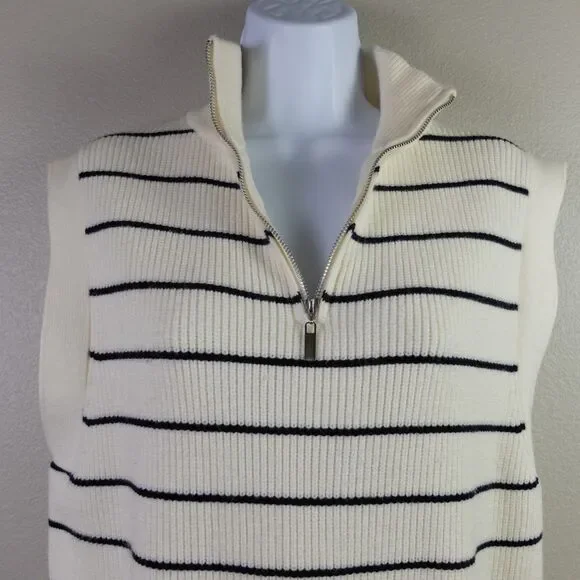 MNG by Mango Cream and Black Striped Quarter Zip Knitted Sweater Vest Size M - Picture 4 of 7